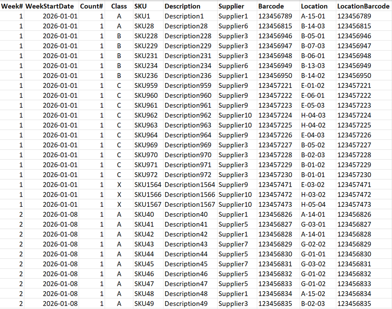 Cycle Count Planner Excel output